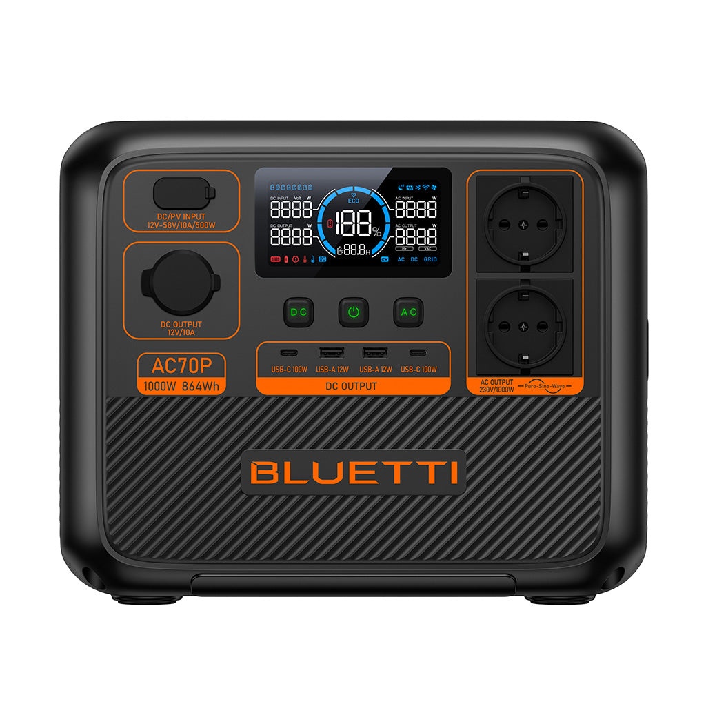Estación de Energía AC70P con Capacidad de 864 Wh y Potencia de 1.000 W AC – Bluetti