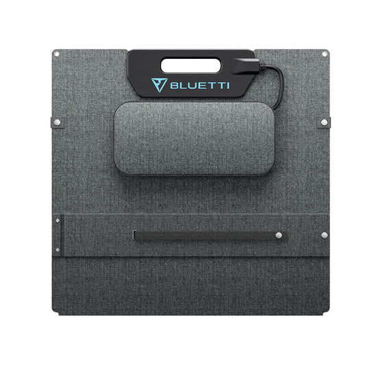 Panel Solar Plegable Bluetti en color gris con diseño compacto y asa para transporte fácil