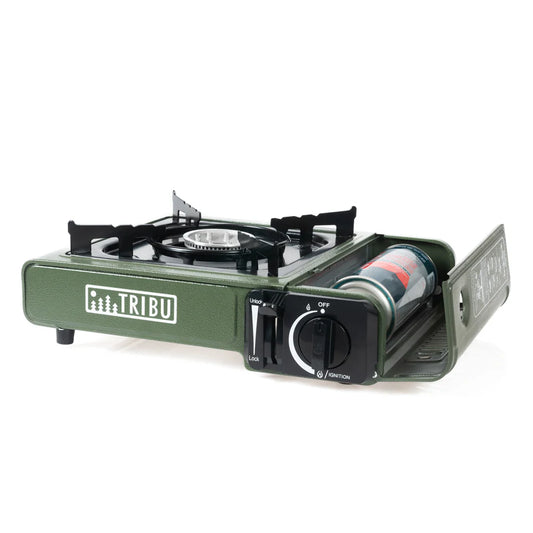 Cocinilla portátil Tribu verde con encendido seguro y soporte para cartucho de gas