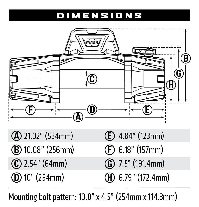 Diagrama técnico con dimensiones del winche 8.000 lb de la marca WARN mostrando medidas detalladas en milímetros y pulgadas