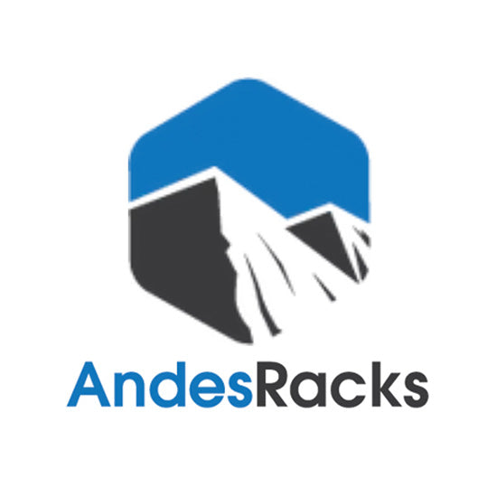 Logotipo AndesRacks con icono de montaña azul y negra sobre fondo blanco y texto de marca de equipo de aventura