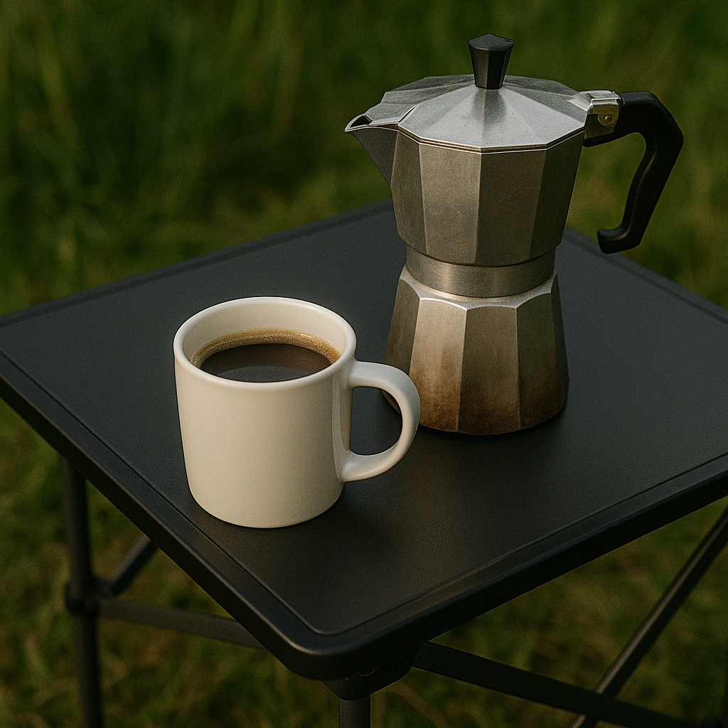 Equipo de camping y aire libre con cafetera italiana y taza sobre mesa portátil en naturaleza