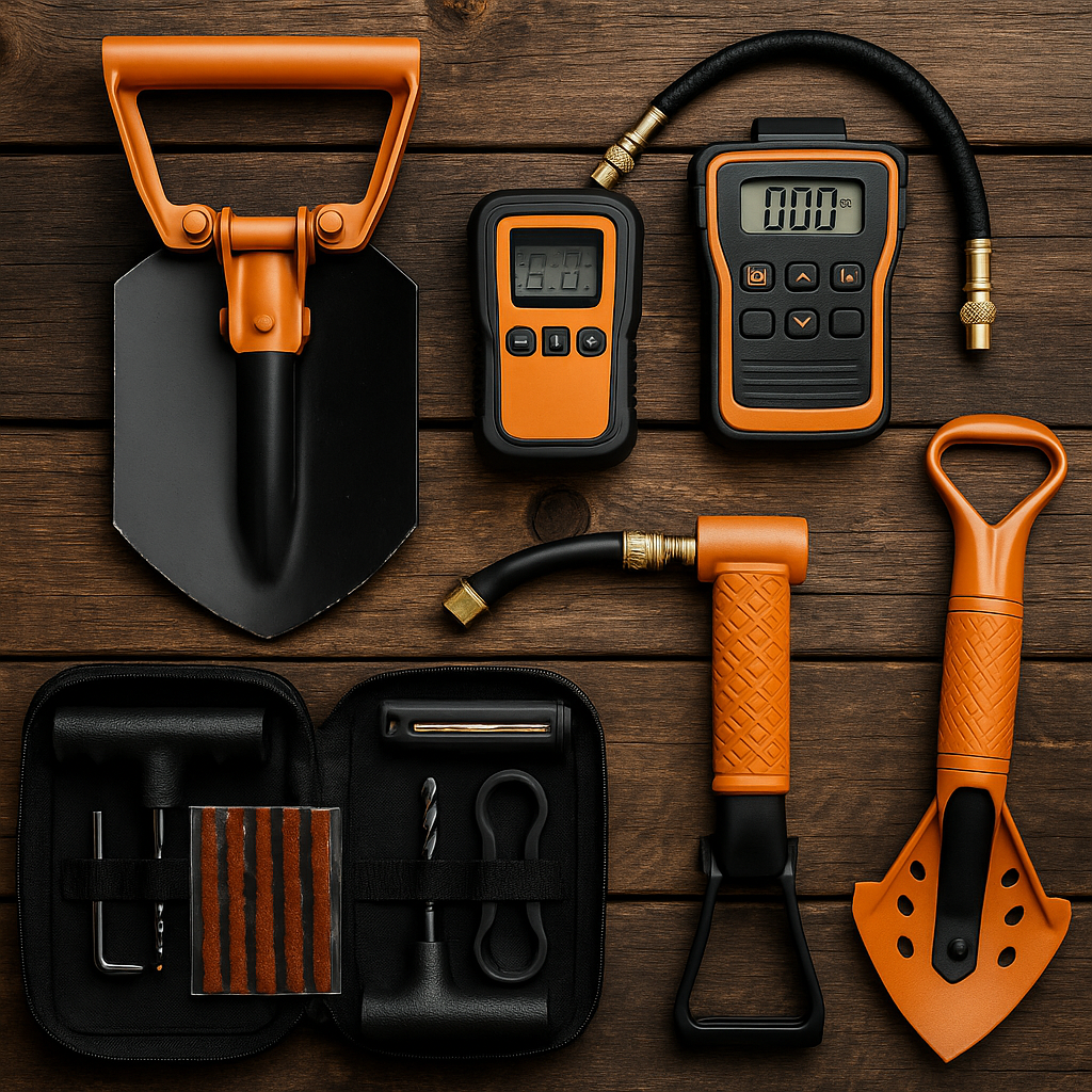 Conjunto de herramientas para overlanding con pala plegable, desinflador digital y kit de reparación compacto
