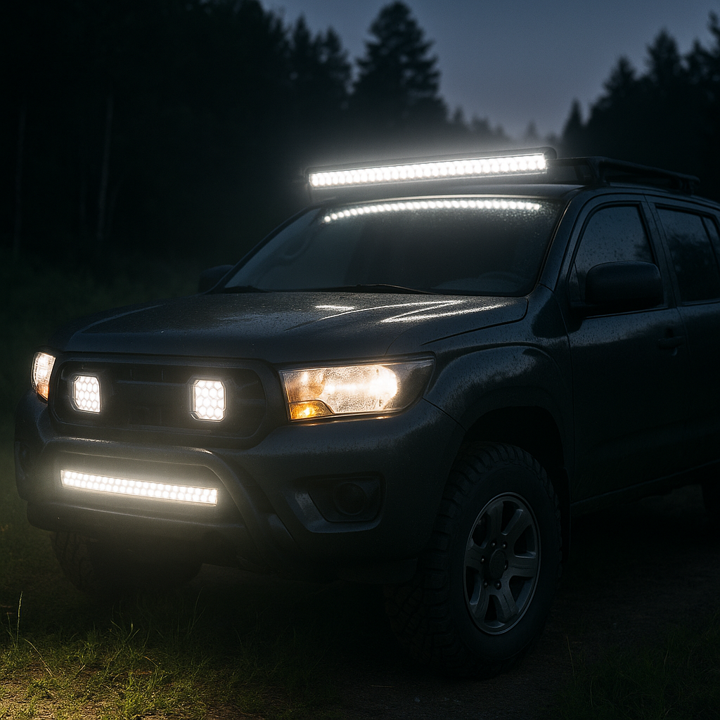 Iluminación Off-Road para 4x4 con barras LED en techo y defensa iluminadas en noche forestal