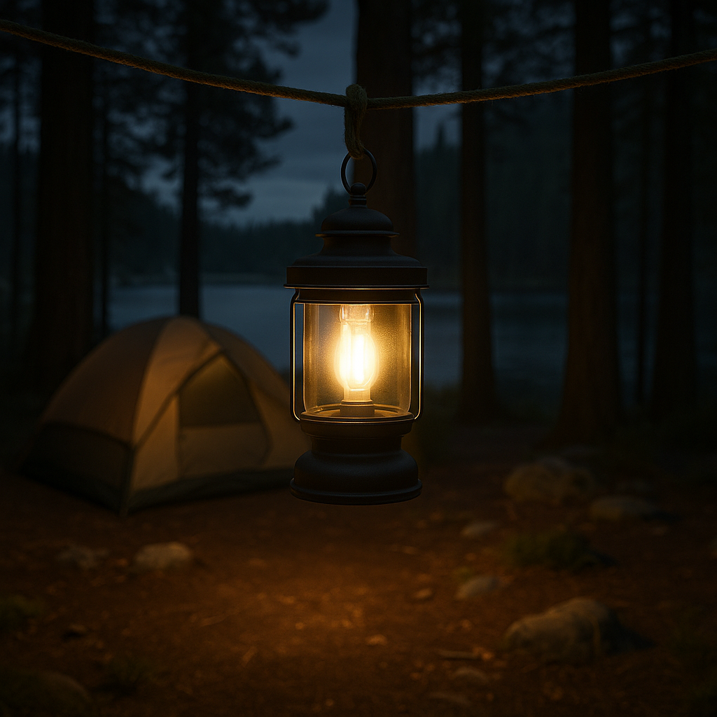 Iluminación Camping con farol colgante iluminando campamento nocturno junto a tienda y bosque