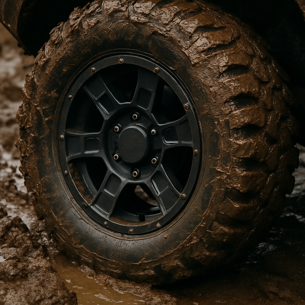 Llantas Off-Road en llanta negra con dibujo agresivo y barro, tracción para 4x4 pickups y SUVs