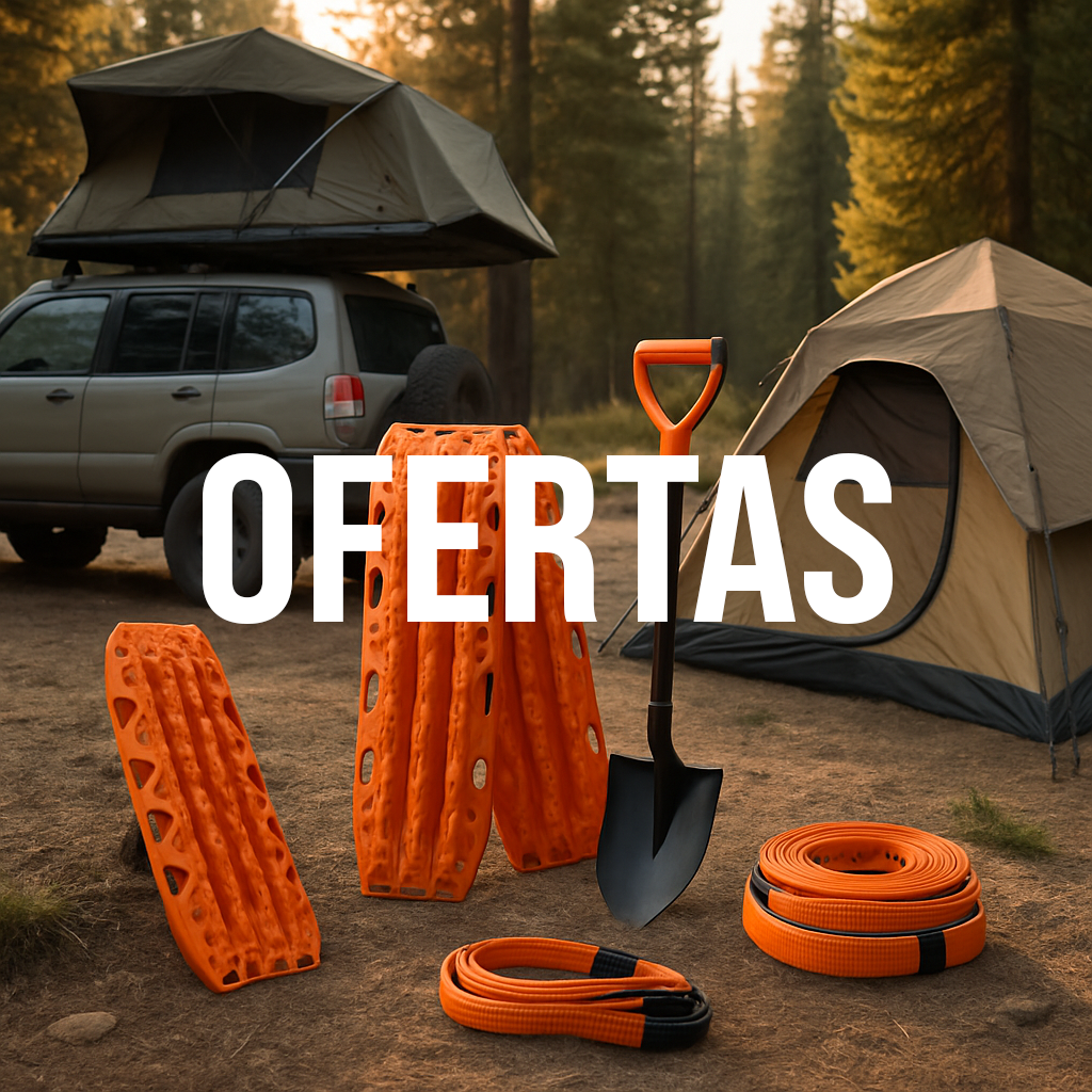 Campamento 4x4 con SUV y tiendas, herramientas y accesorios de recuperación naranja, Ofertas Overland & Off-Road para aventura