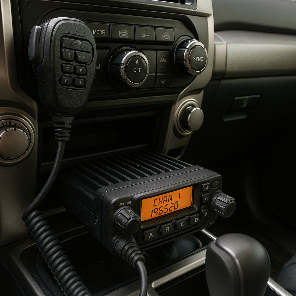 Radios y Comunicación radio móvil instalada en consola de vehículo con micrófono pantalla de canal y controles