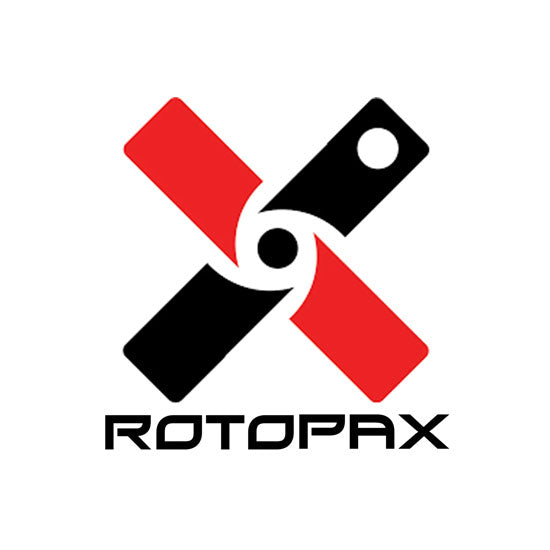 Logotipo Rotopax rojo y negro con emblema en X y texto de marca para bidones de combustible off road resistentes