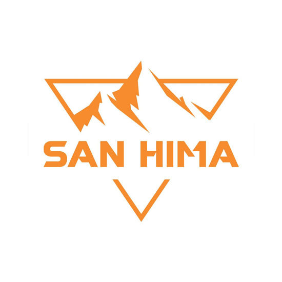 Logotipo naranja de San Hima con montañas estilizadas y triángulo, simboliza marca de overlanding y refugio