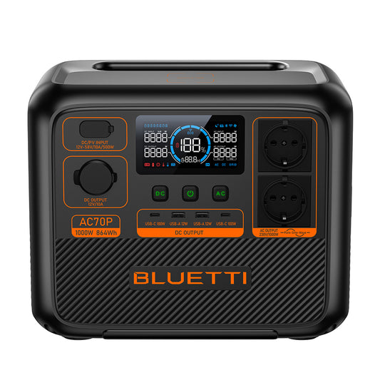 Estación de Energía AC70P con Capacidad de 864 Wh y Potencia de 1.000 W AC – Bluetti