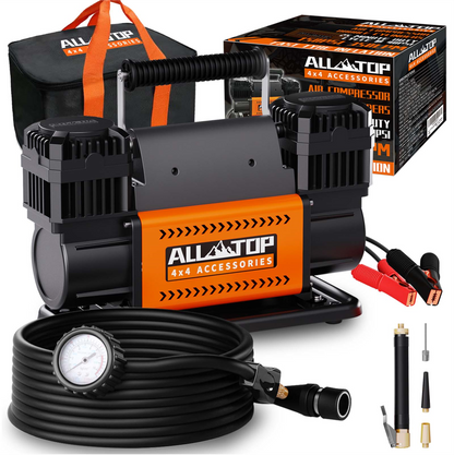 ALL-TOP Compresor de Aire portable air compressor with gauge, accessories, and carrying bag