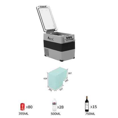 Refrigerador portátil Alpicool CF55 con tapa abierta y capacidad para latas, botellas y vino