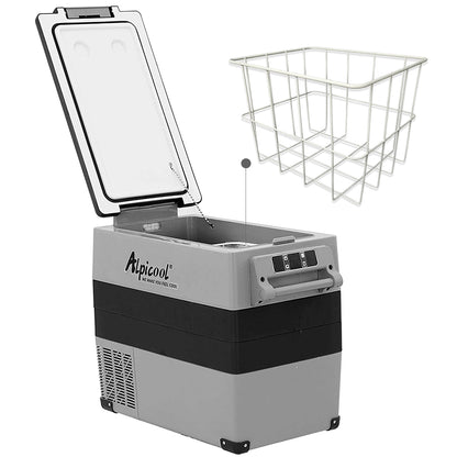 Refrigerador portátil Alpicool CF55 gris con tapa abierta y cesta metálica extraíble
