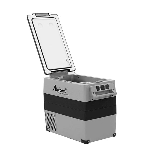 Refrigerador portátil Alpicool CF55 con tapa abierta y diseño compacto en color gris y negro