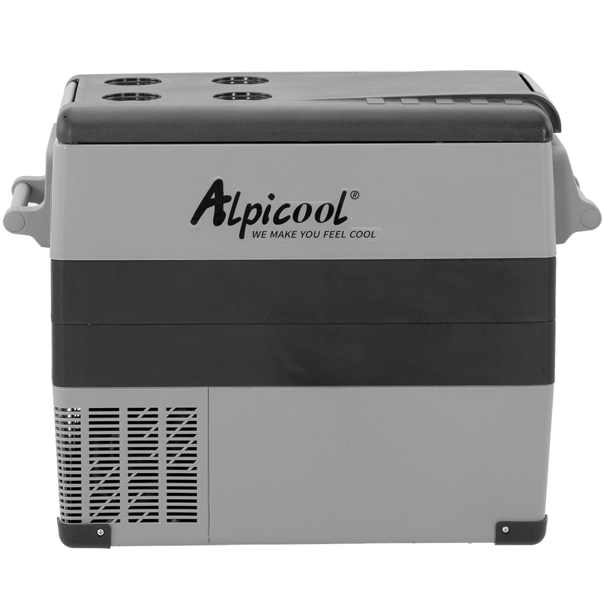 Refrigerador portátil Alpicool CF55 gris y negro con diseño compacto y asa lateral para transporte sencillo