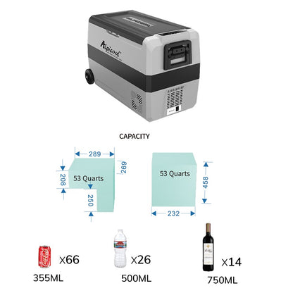 Refrigerador portátil Alpicool T50 en gris con ruedas y capacidad para 66 latas de 355 ml, 26 botellas de 500 ml y 14 botellas de vino de 750 ml