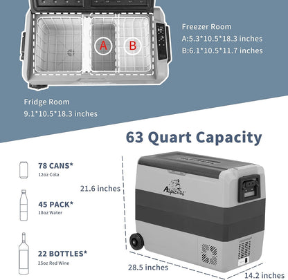 Refrigerador portátil Alpicool T60 con capacidad de 63 cuartos y compartimentos para congelador y nevera
