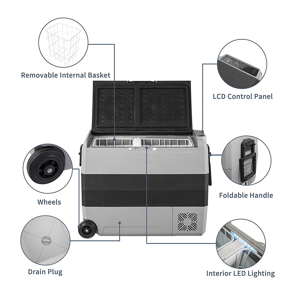 Refrigerador portátil Alpicool T60 con cesta interna removible, ruedas, panel LCD y asa plegable