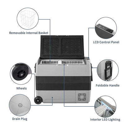 Refrigerador portátil Alpicool T60 con cesta interna removible, ruedas, panel LCD y asa plegable