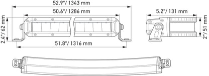Dibujo técnico de Barra LED de iluminación OffRoad Hella con medidas detalladas para instalación