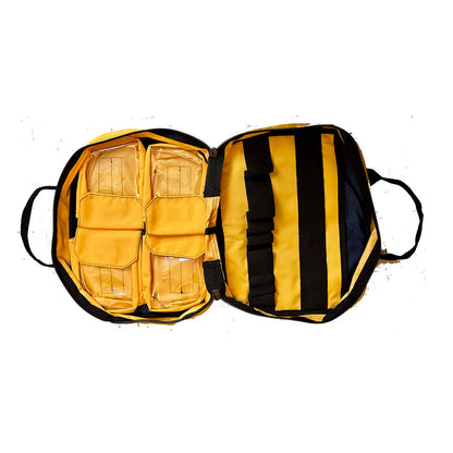 Botiquín de almacenamiento Goubet amarillo con múltiples compartimentos y correas interiores