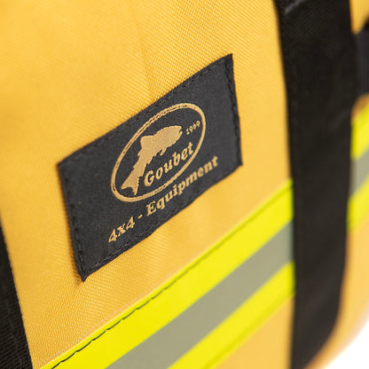 Botiquín de almacenamiento Goubet amarillo con franjas reflectantes y etiqueta de marca