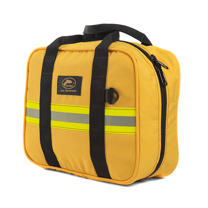 Botiquín Goubet amarillo con bandas reflectantes y asas negras para almacenamiento seguro