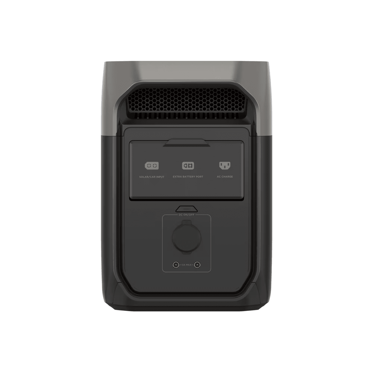 Estación de Energía EcoFlow compacta en color negro con puertos de carga múltiples delanteros