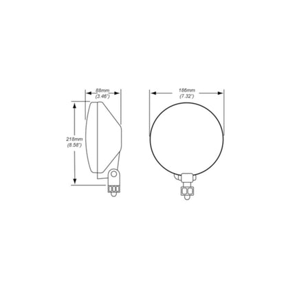 Diagrama técnico de faros halógenos Hella para iluminación OffRoad con medidas detalladas