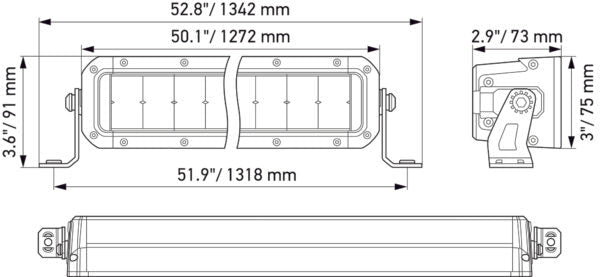Diagrama técnico de barra LED Hella para iluminación OffRoad con medidas detalladas en milímetros