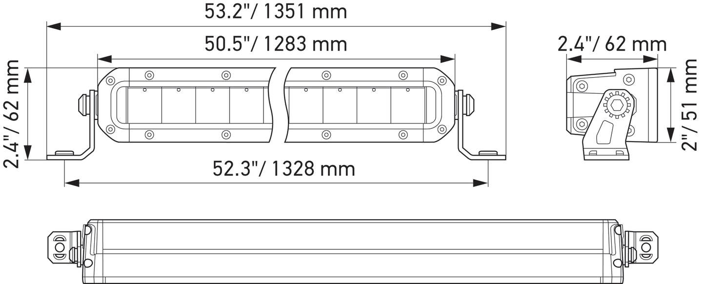 Diagrama técnico de barra LED para iluminación OffRoad de Hella con medidas detalladas