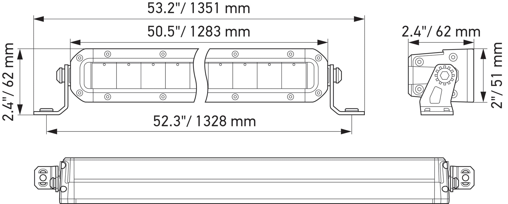 Diagrama técnico de barra LED para iluminación OffRoad de Hella con medidas detalladas