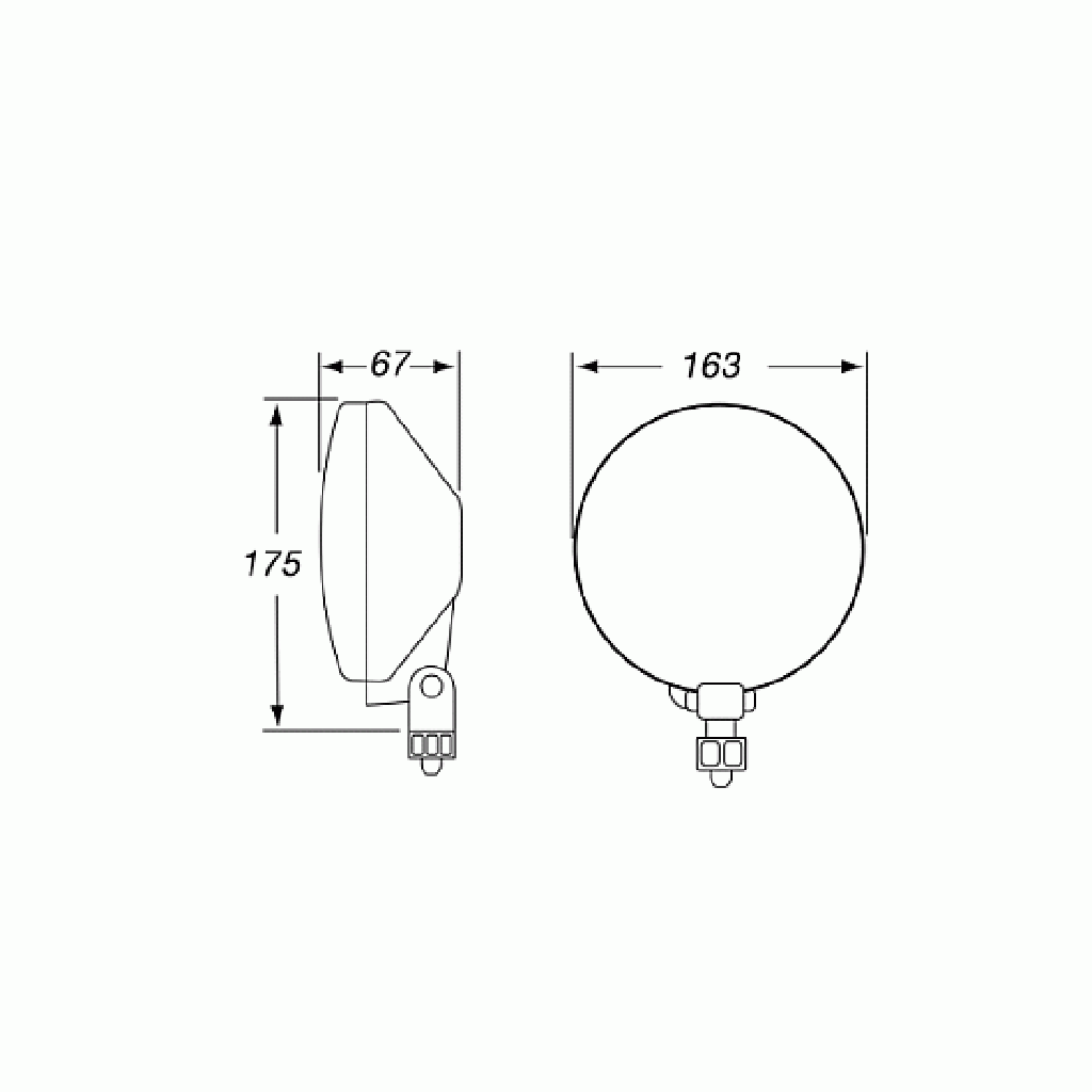 Ilustración técnica de faros halógenos Hella para iluminación OffRoad con dimensiones detalladas