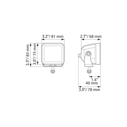 Diagrama técnico de faros LED cuadrados Hella para iluminación OffRoad con medidas detalladas