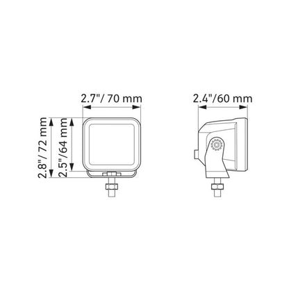Dimensiones técnicas de faros LED cuadrados pequeños para iluminación OffRoad de Hella
