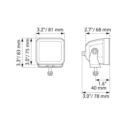 Dimensiones técnicas de faros LED cuadrados para iluminación offroad de Hella