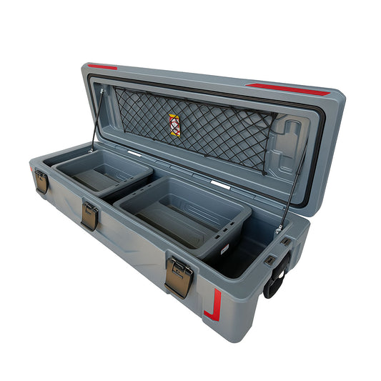 Toolbox Overland Riders Store gris alargada abierta con tres bandejas extraibles y red interior