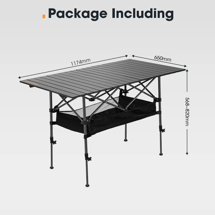 Mesa Plegable de Camping de San Hima con dimensiones de 650mm x 174mm y estante inferior para almacenamiento