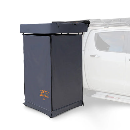 Toldo de Ducha San Hima plegable gris oscuro montado en baca de camioneta para ducha portatil y privacidad