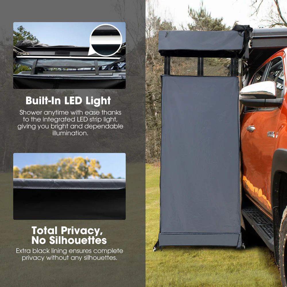Toldo de Ducha San Hima para camioneta con cabina privada gris tejido opaco y luz LED integrada