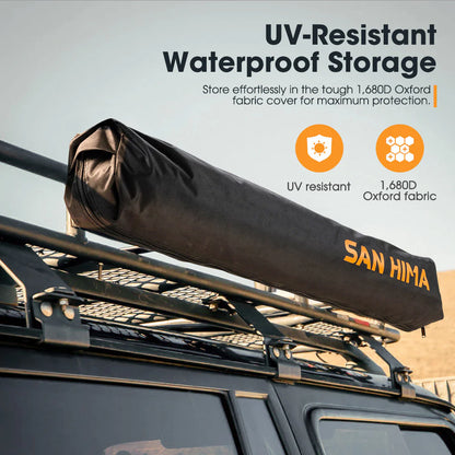 Toldo de Ducha San Hima en funda impermeable y resistente UV de tela Oxford 1680D montado en portaequipajes de vehiculo