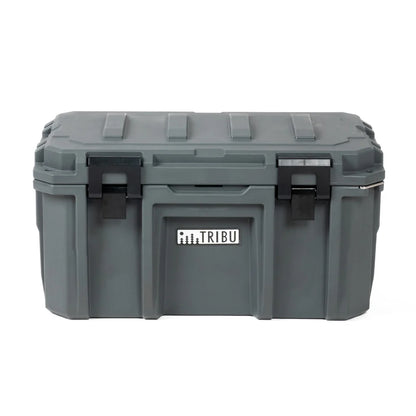 Toolbox TRIBU gris resistente de plástico con cierres negros logo frontal y asa metálica para herramientas