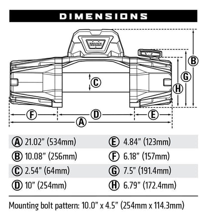 Diagrama técnico con dimensiones del winche 8.000 lb de la marca WARN mostrando medidas detalladas en milímetros y pulgadas
