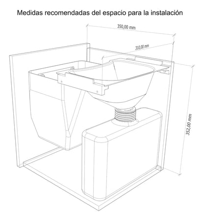 Dibujo técnico en blanco y negro con medidas para instalación del Kit Baño Seco de WildRover