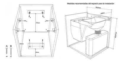 Esquema técnico con medidas para instalación de Kit Baño Seco de WildRover